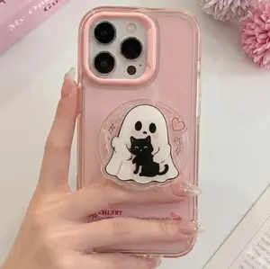 Cute Ghost and Black Cat Phone Grip | Spooky Season MagSafe Phone Holder | Halloween Aesthetic PopSocket | Gift for Cat Lovers