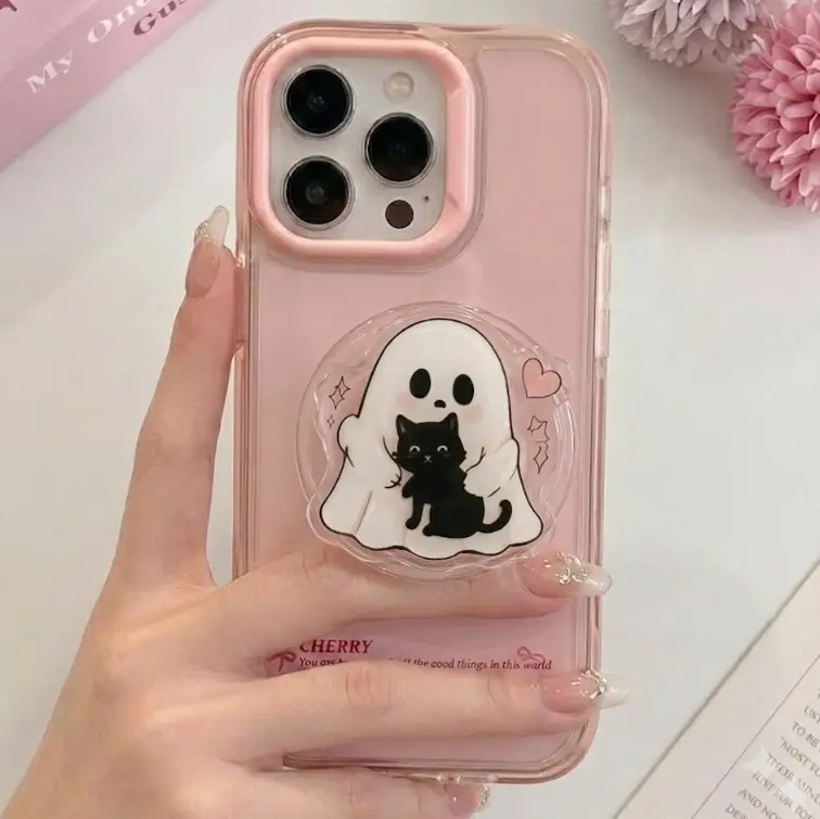 Cute Ghost and Black Cat Phone Grip | Spooky Season MagSafe Phone Holder | Halloween Aesthetic PopSocket | Gift for Cat Lovers
