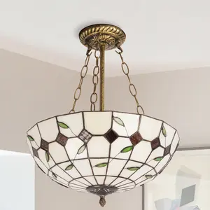 15.8" Tiffany Style Leaf Stained Glass Semi-Flush Ceiling Light | Antique Bronze 3-Light Fixture