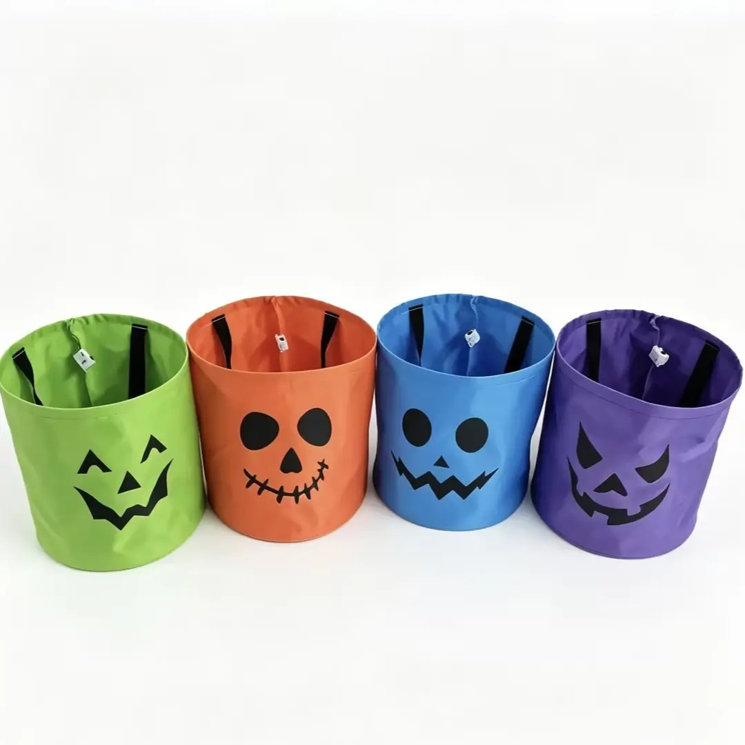 Halloween Candy Pumpkin Buckets, 10.2 x 11.8 LED Light Trick or Treat Buckets, Orange Reusable Goody Treat Baskets Polyester Bags, Halloween Birthday Party Favor Supplies