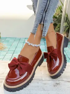 Versatile Round Toe Daily Bow Decor Low Heel Flat Shoes, Mirror Slip-On Loafers, Vintage Elegant British Style Thick Sole Rubber Leather Shoes
