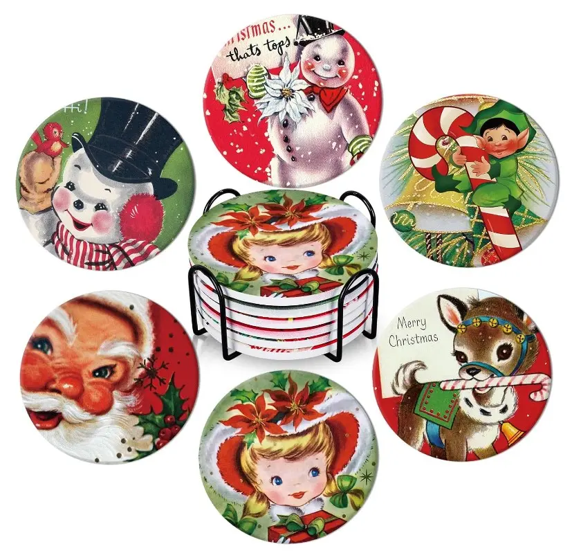6Pcs Christmas Coasters with Metal Holder Vintage Drink Coasters Xmas Winter Holiday Ceramic Cup Mat for Home Kitchen Table Decor, 4.1 x 0.3 Inch