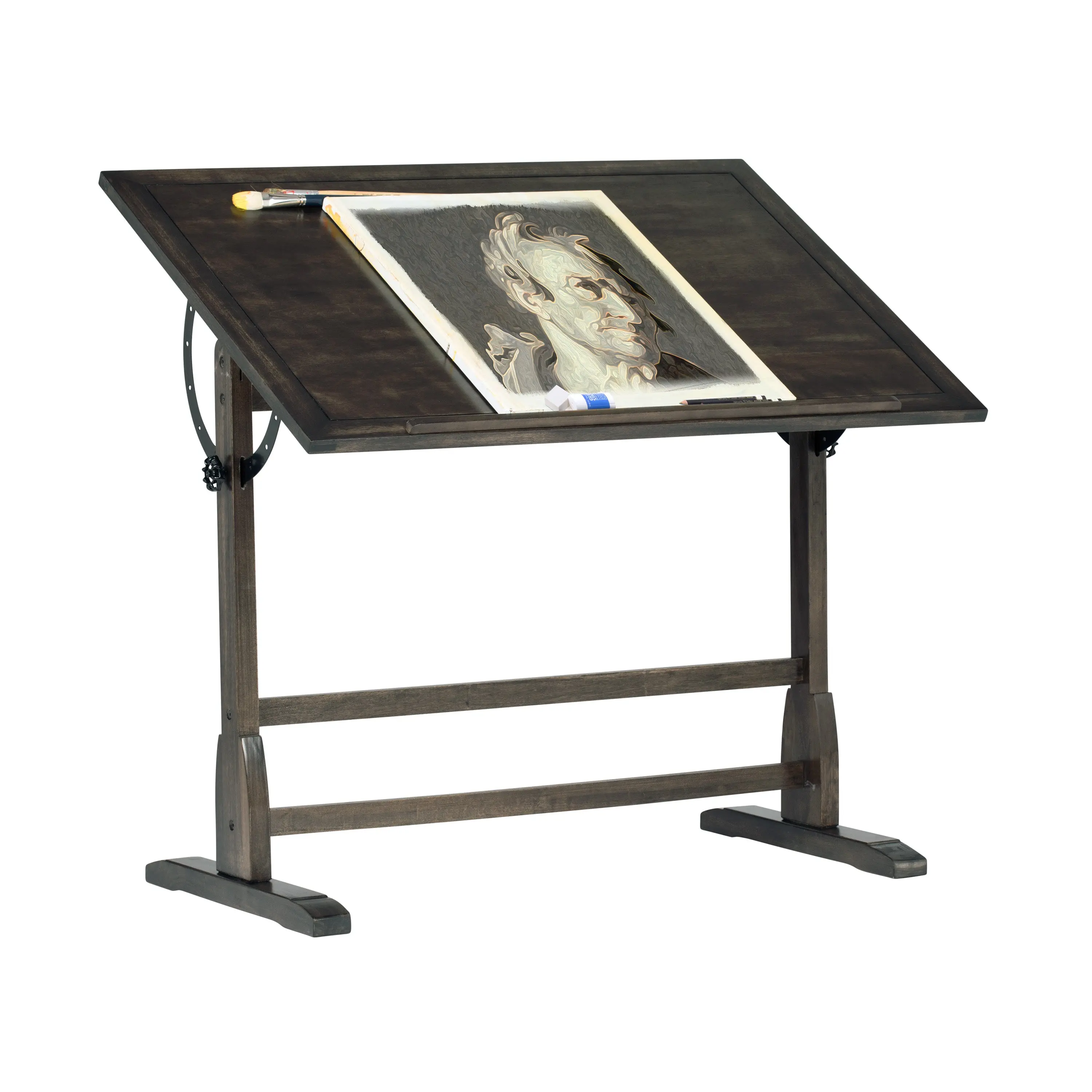 Vintage Solid Wood Drawing/Drafting Table with 42" x 30" Angle Adjustable Top, Distressed Black 13314