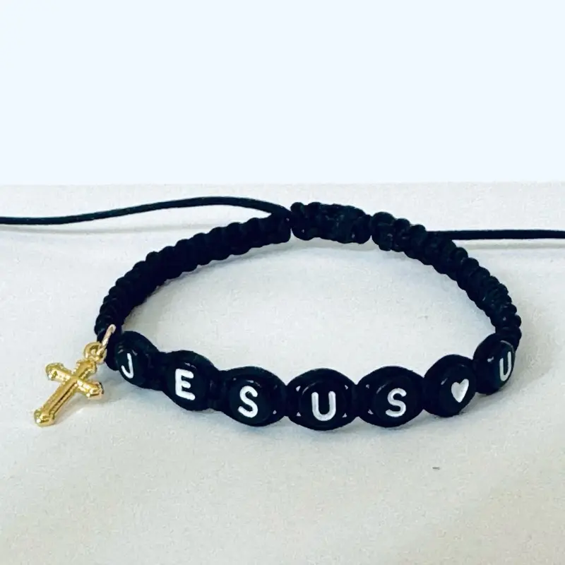 Macrame Religious Bracelet, Jesus loves u bracelet with hold plates cross charm