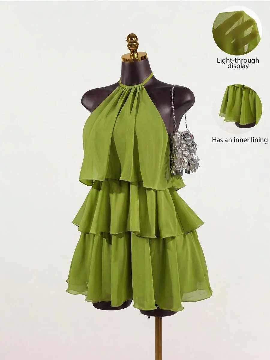 ABJ Women's Fashion Resort Ruffled Hem Halter Neck Tie Waist Dress