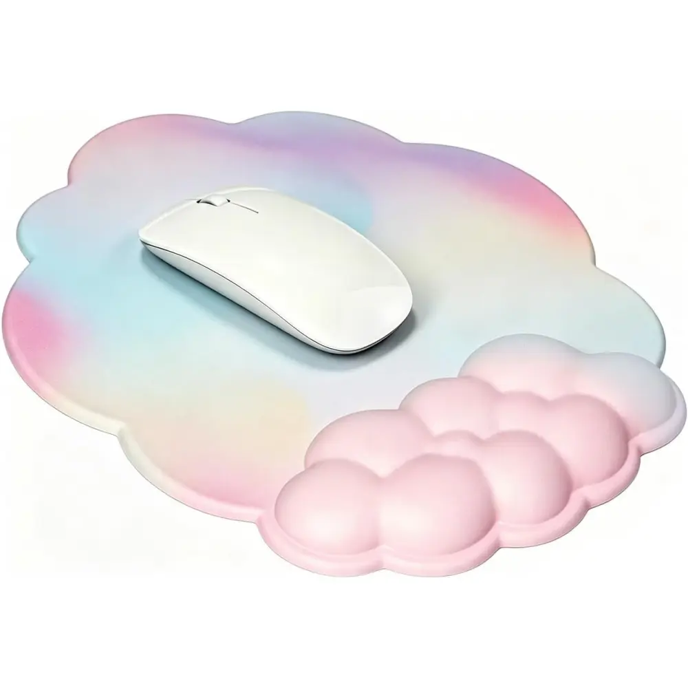 Ergonomic Computer Mouse Pad with Leather Surface, Cloud Memory Foam Wrist Rest, Non-Slip PU Base for Home Office Laptop Mac Pain Relief (Cloud Rainbow)