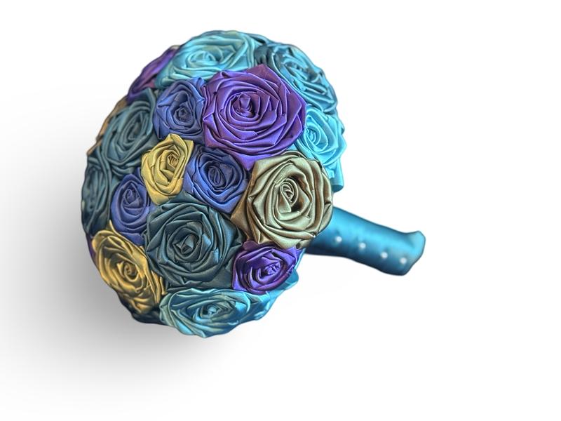 Anna Rose’s Bouquet | Teal, Turquoise, Purple, Lime, Olive Green, & Royal Blue | Peacock Themed Wedding | Handmade Satin Rose Bouquet | Bride Bouquet | Traditional Wedding Bouquet