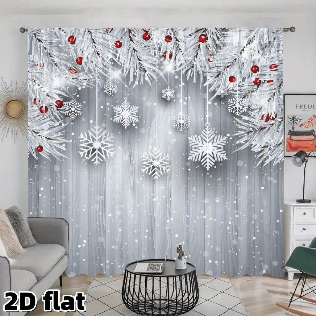 2D Flat 2Pcs Christmas Snowflake Curtains Silver White Pine Branches Red Ornaments Winter Holiday Decor Semi Sheer Polyester Window Drapes for Living Room Bedroom Kitchen Home Decoration Treatment Privacy Curtain Panel Easy to Clean