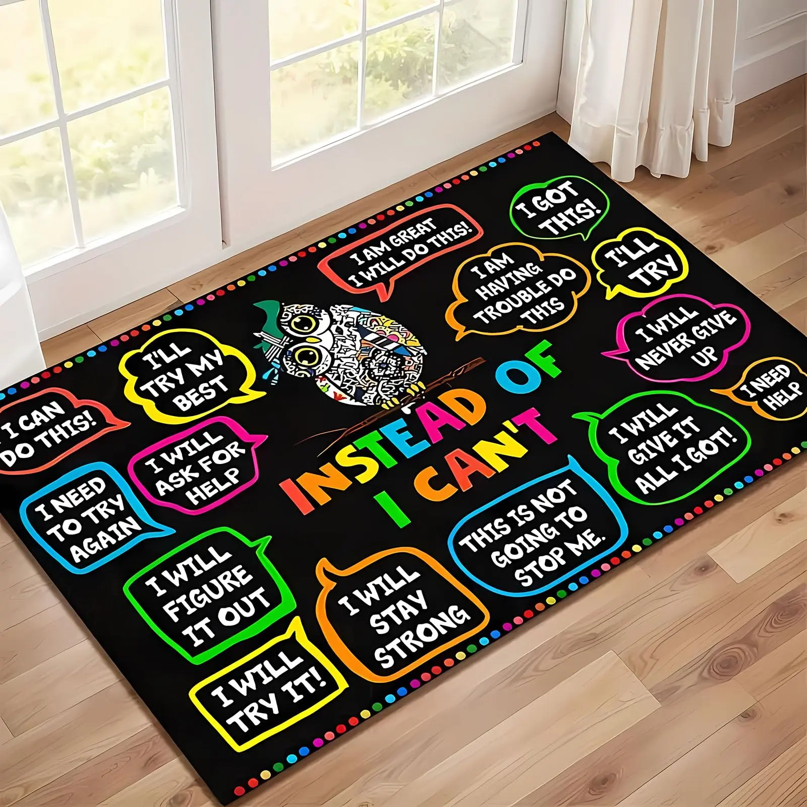 Welcome Door Mat Extra Durable Motivational Owl Print 29x39 Non Slip Washable Low Profile Outdoor Indoor Doormat for Entryway Porch Home Decor