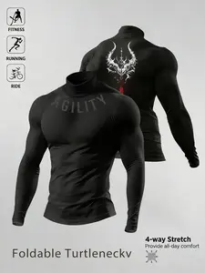 Men's Breathable Fitted Long Sleeve Compression Sports T-Shirt with High Neck Design, Fitness Long Sleeve T-Shirt, Breathable Athleisure, Athletic Fashion Activewear