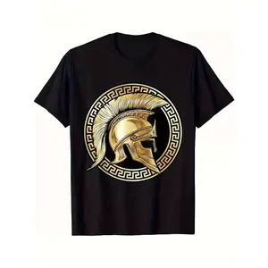 Greek Spartan Warrior T-Shirt Men Women 200g Heavyweight Greek Key Pattern Gym Casual Costume Tee Up to 3XL