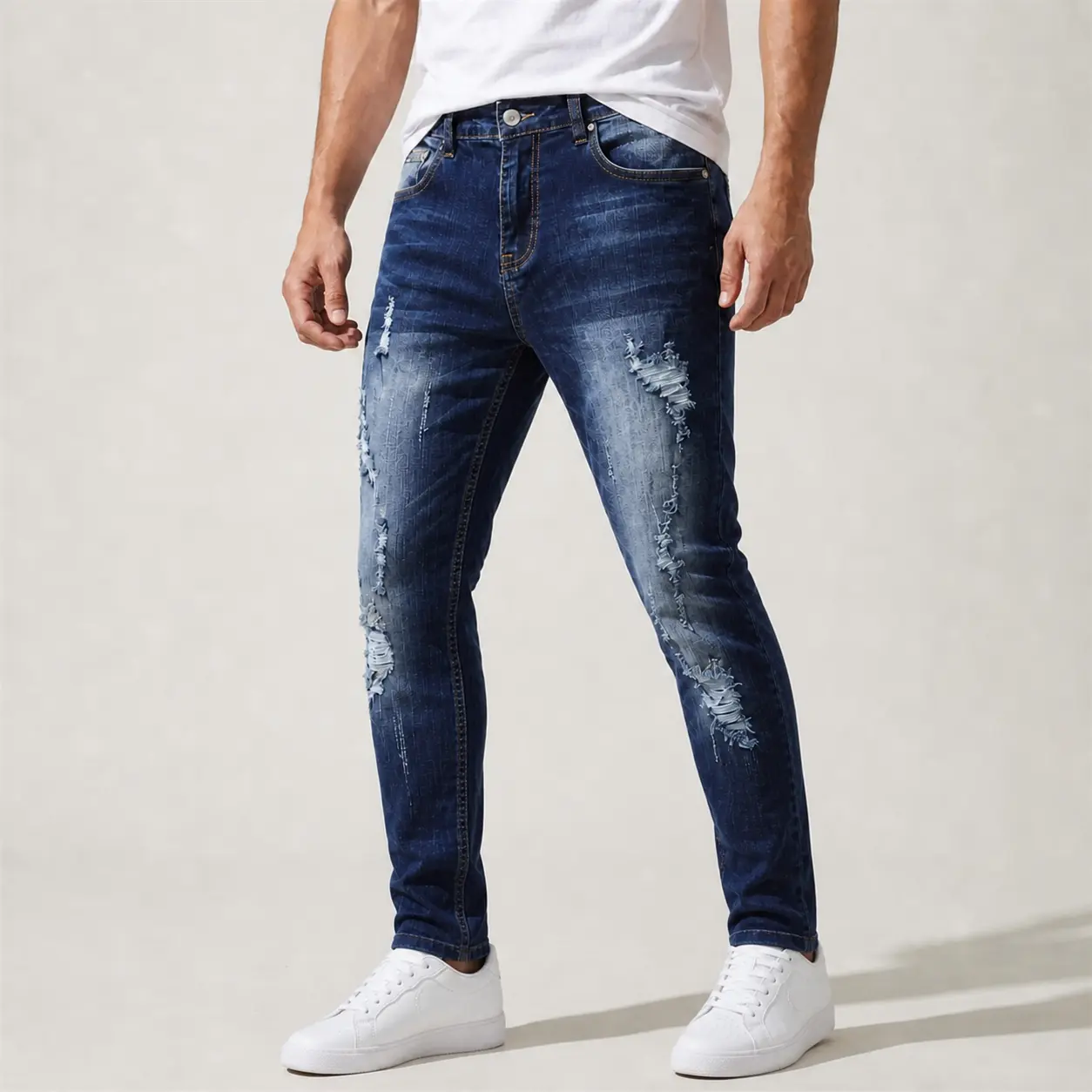 JUNBAOSS Mens Street Style Fashion Slim-Fit Stretch Cotton Jeans - Raw Wash, Ripped Frayed-Leg, Comfort Flex Waist, Zipper, Functional Pockets, Hipster Long Denim Trousers for Daily Outdoor Use, Halloween