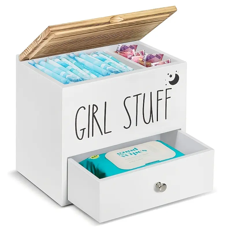 Tampon Holder for Bathroom Decor and Storage, Wood Feminine Product Organizer with Drawer and Lid, Pad and Tampon Organizer Bathroom Accessories Box for Tampon Storage, White Cotton Ball/Swab Holder