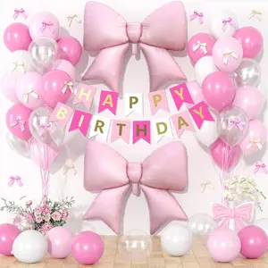 Pink Bow Birthday Decorations 38 Inch Bow Foil Balloons, Banner, Mini Bows for Girls & Women Party