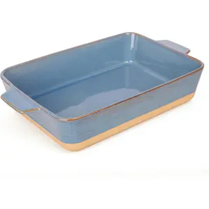4.2 QT Casserole Dish for Oven, 9x13 Large Porcelain Baking Pan, Durable Rectangular Deep Lasagna Pan With Handles, Microwave Oven Safe, Ideal for Home Decor & Wedding Gift, Khaki & Blue