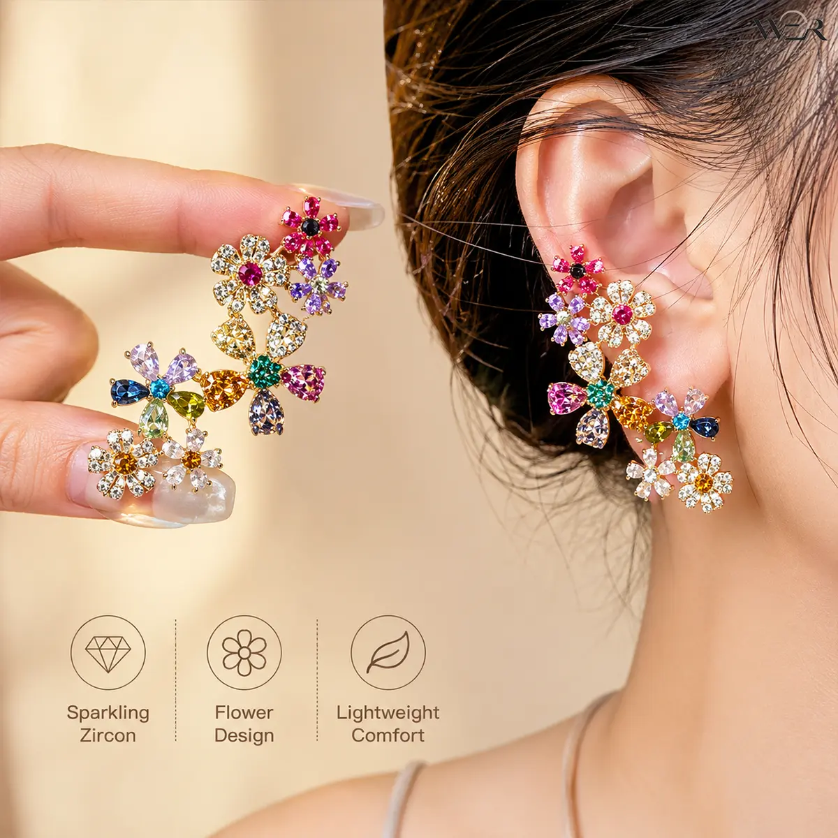 Flower Earrings Colorful Flower Earrings CZ Flower Earrings Multi Color Earrings Sparkly Flower Earrings for Women Everyday Wear Gift