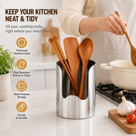 1 Count, Thickened Stainless Steel Utensil Holder, Rust Resistant Easy to Clean Organizer for Kitchen Counter Cooking Tool Storage