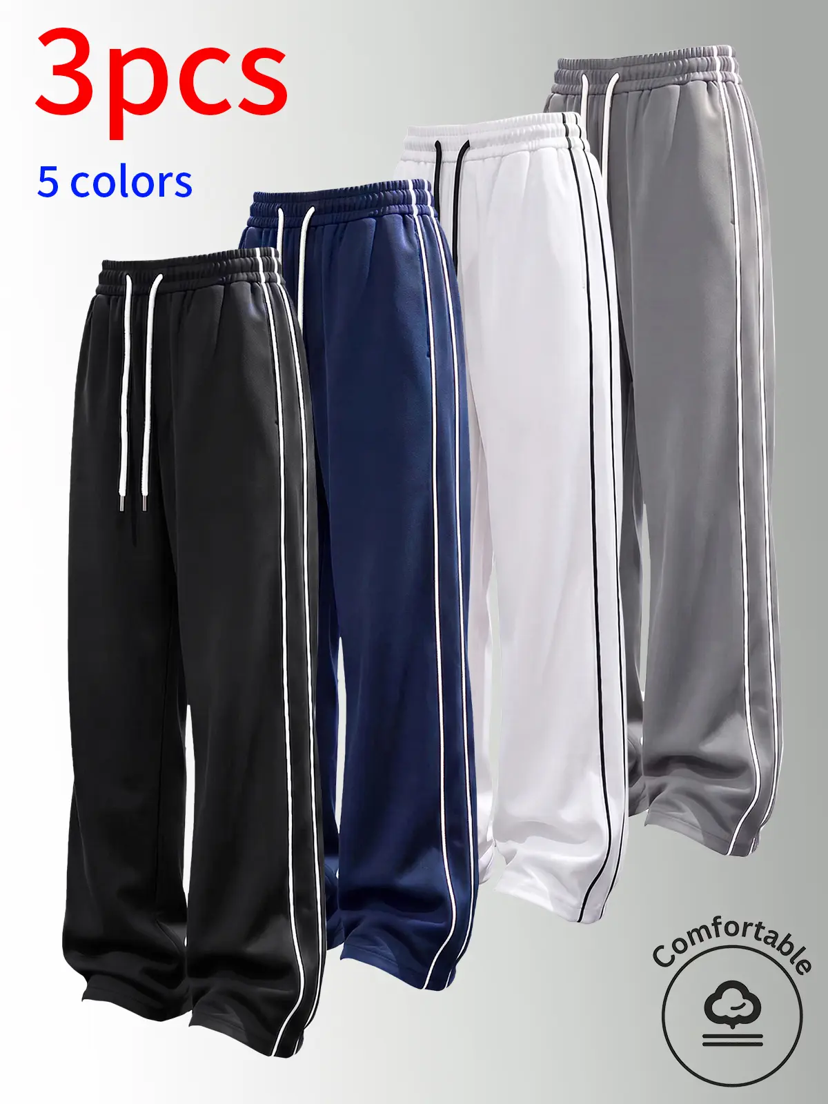 3-pack men's sweatpants, side stripe, baggy wide leg pants,  casual comfortable, loose straight fit, wide leg sweatpants, casual loose pant, autumn wear, wide leg loose fit sweatpants, campus outfit, elastic drawstring waist, street style,