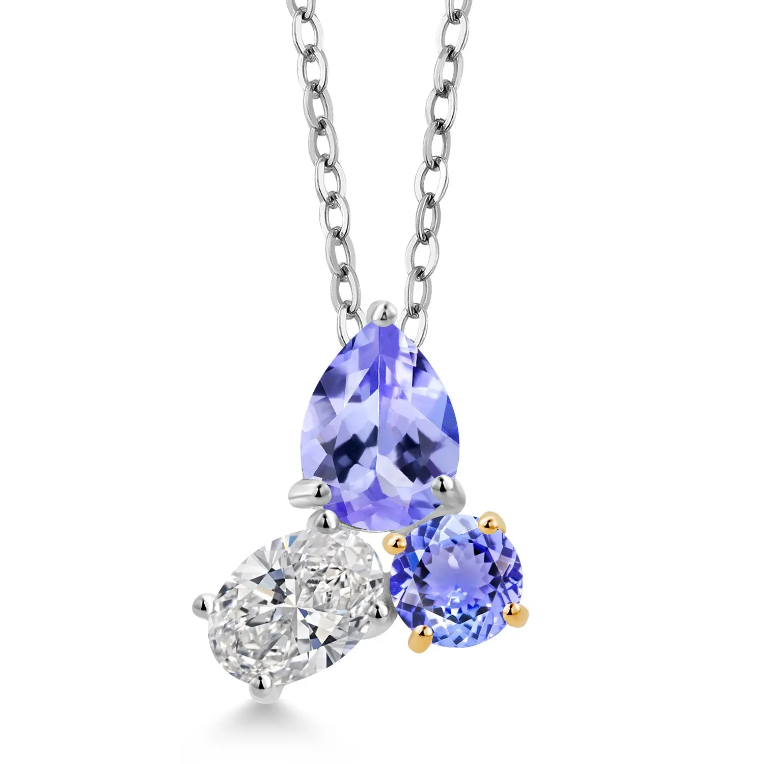 1.92 Cttw Tanzanite and Lab Grown Diamond 3 Stone Pendant Necklace for Women | 925 Silver and 10K Yellow Gold | Pear Shape 8X6MM | Oval 7X5MM | Round 5MM | 18 Inch Chain