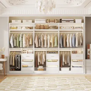 36''-108'' W Closet System with Wooden Drawers and Hanging Rods,Sturdy Freestanding Walk-in Closet Organizer System Wardrobe Rack with Storage Shelves