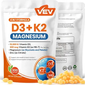 VEV Vitamin D3 K2 10,000 IU Magnesium Supplement – with Vitamin D and K (MK-7), Magnesium Glycinate & Malate, Zinc Citrate – 300 Softgels for Energy, Bone & Muscle Support
