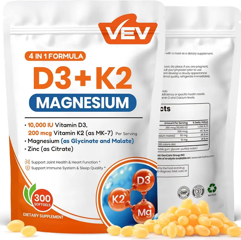 VEV Vitamin D3 K2 10,000 IU Magnesium Supplement – with Vitamin D and K (MK-7), Magnesium Glycinate & Malate, Zinc Citrate – 300 Softgels for Energy, Bone & Muscle Support