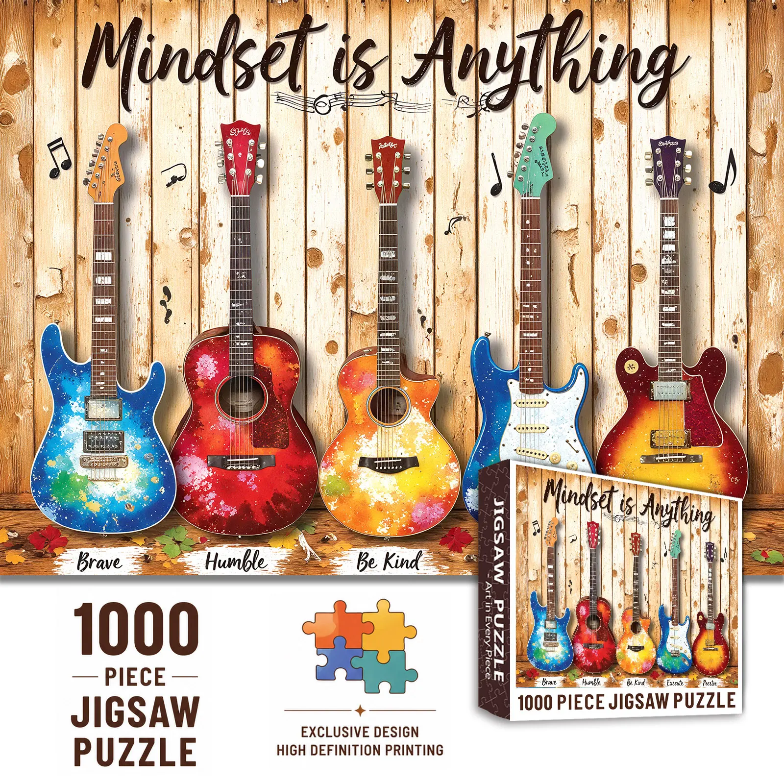 Walarky Guitar Music 1000 Pieces Jigsaw Puzzle, Colorful Acoustic and Electric Guitar Artwork, Rustic Wall Design, Family Game Night, Stress Relief, Relaxing Brain Challenge, Wall Decor, Gift for Music Lovers, Adults and Seniors, 27.5x20inch(70x50cm)