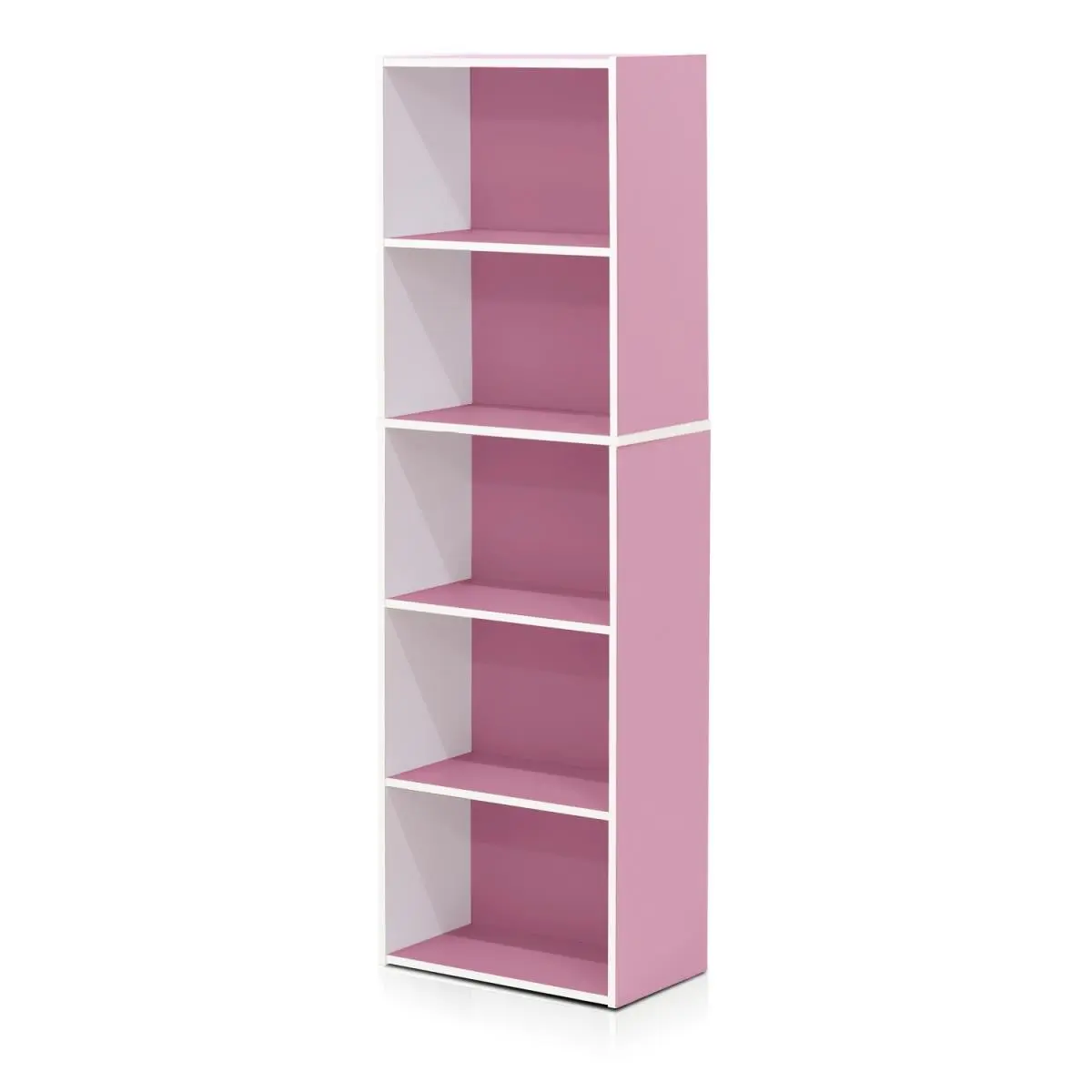 Furinno Freestanding 5-Tier Reversible Open Shelf Particle Board Bookshelf Rack - Durable White & Pink Simple-Look Commercial Office Furniture for Home Storage Solutions