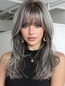 Elegant Long Curly Wig with Highlights and Bangs, Synthetic Fiber, Perfect for Women, Parties, Festivals, Travel, Halloween, Christmas