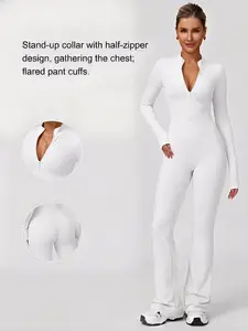 Athleisure Half-Zip Flared Jumpsuit, Workout Jumpsuit, Solid Color, Butt-Lifting and Body-Defining, Chest-Gathering Sculpting Fit, Perfect for Yoga Gym and Streetwear, Activewear, High Stretchy Comfy Fabric, Body-Snatching Look
