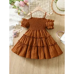 (New)Girls Cold Shoulder Shirred Frill Trim Ruffle Hem Princess Dress For Party Beach Vacation Kids Summer Clothes