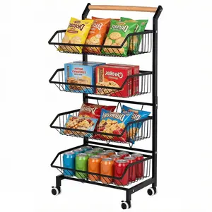 4-Tier Rolling Storage Cart with Wheels | Rustproof Metal Utility Cart with Solid Wood Handle | Adjustable Detachable Fruit & Veggie Baskets | Movable Pantry Organizer for Kitchen, Bathroom, Laundry Room