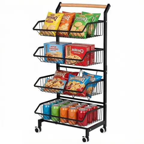 4-Tier Heavy Duty Rolling Metal Storage Cart - Anti-Rust Powder-Coated Body, Solid Wood Grip, Ventilated Adjustable Detachable Fruit & Veggie Basket Attachments, 360° Swivel Wheels, for Kitchen & Bathroom Storage Organization, Rolling Cart Utility Use