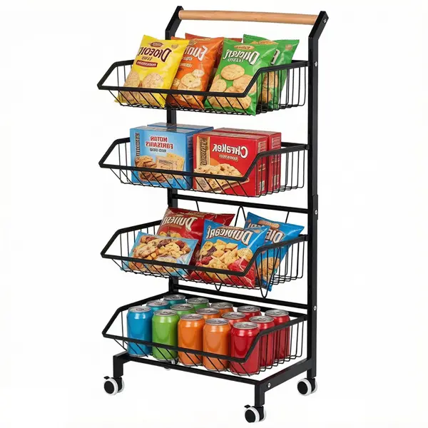 4-Tier Heavy Duty Rolling Metal Storage Cart - Anti-Rust Powder-Coated Body, Solid Wood Grip, Ventilated Adjustable Detachable Fruit & Veggie Basket Attachments, 360° Swivel Wheels, for Kitchen & Bathroom Storage Organization, Rolling Cart Utility Use