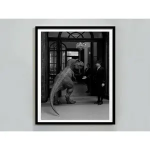 Retro Vintage Dinosaur in Restaurant Print, Old Fashion Photography Wall Art Decor, Black and White Trendy Dinosaur Dino