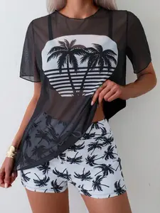 Women Summer Beach Palm Tree Print Casual Tankini Two Pieces Swimwear With Chiffon Short Sleeve Cover-Up Top