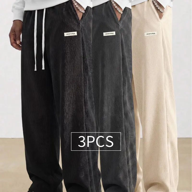 3-pack American vintage corduroy straight-leg men’s pants—trendy, versatile brown casual long pants with a drawstring waist and loose fit; minimalist, stylish men’s bottoms suitable for everyday wear and sports.
