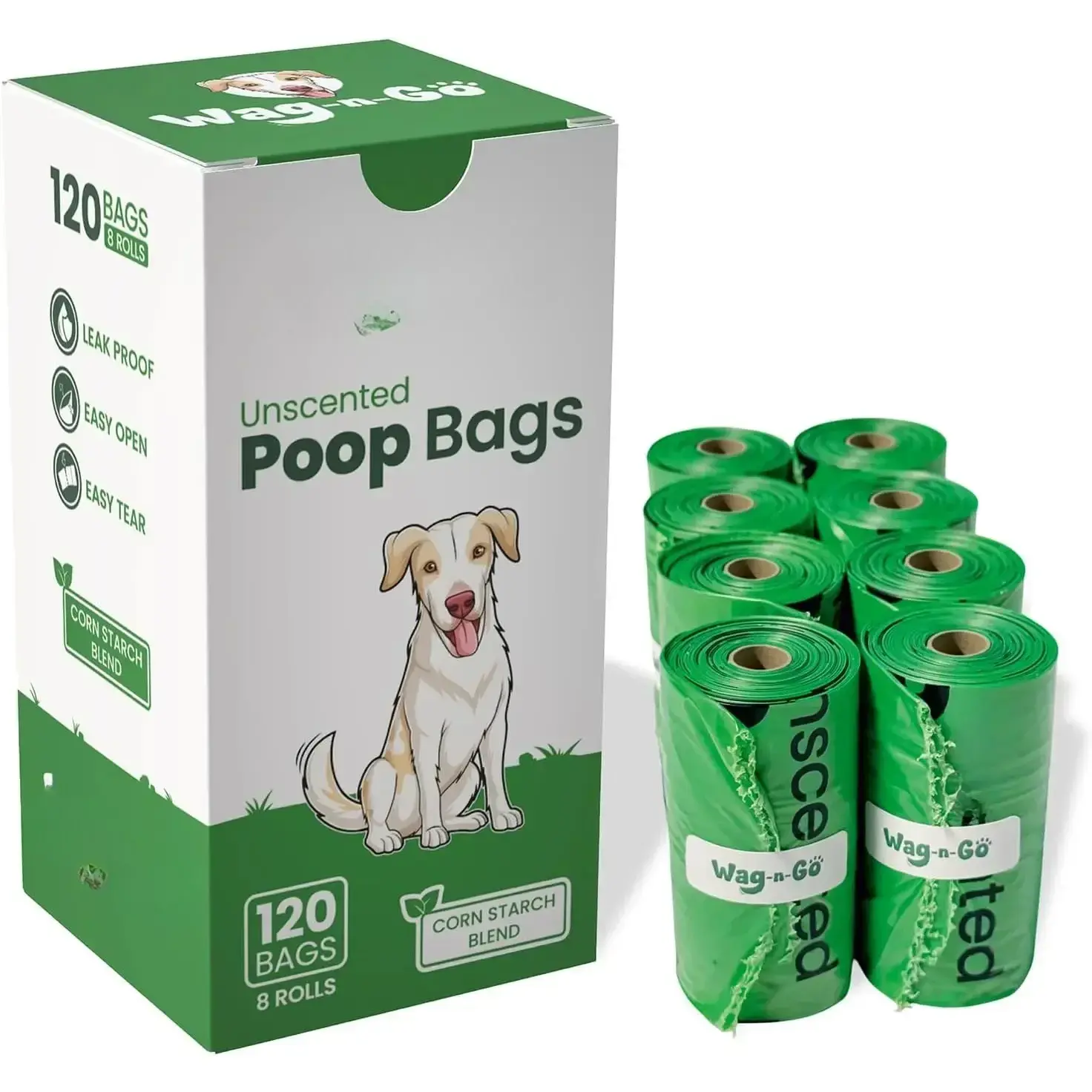 Eco-Friendly Cornstarch Blend Dog Poop Bags Rolls, 120 Count, 8.7x12.4 In, Unscented, Thick & Leak-Proof, Easy Open, Fits Most Standard Dispensers, Outdoor Pet Waste Cleanup Supplies
