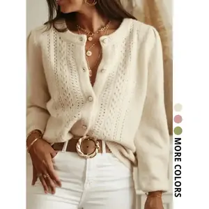 Women’s plain knit cardigan with a round neckline, hollow-out button design, and bubble sleeves; an elegant soft knit top for fall and winter; knitwear