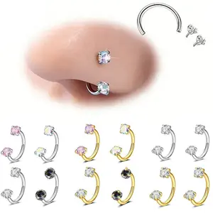 Nose Ring Set, 16G Horseshoe Nose Ring for Women Double Gem Horse Shoe Nose Ring Hoop Surgical Steel Silver Gold Cartilage Helix Tragus Earring Hoops Labret Lip Piercing Jewelry Small Septum Rings Set