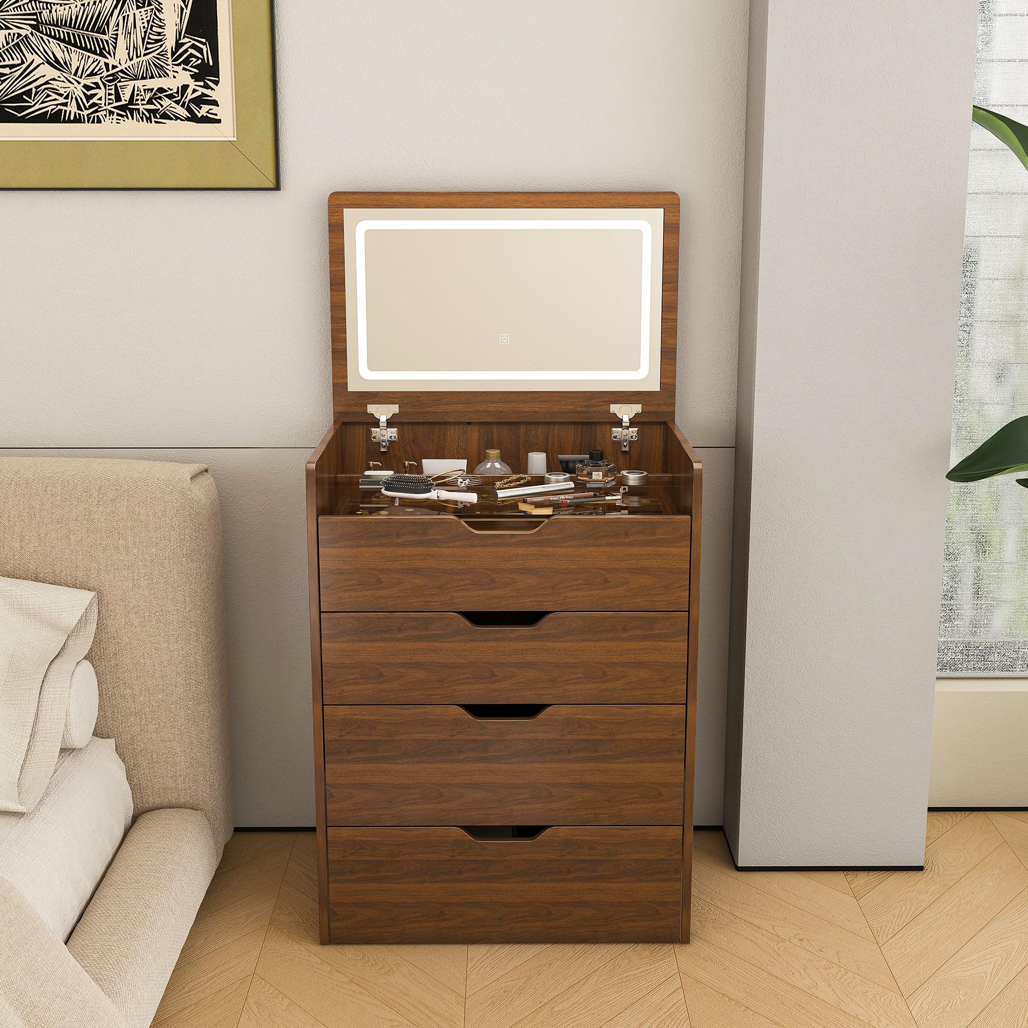 3-in-1 Makeup Vanity Desk with Flip-Top LED Mirror & Stool, Space-Saving Nightstand Combo, Glass Top, Storage Drawers & Hidden Jewelry Organizer – Perfect for Small Spaces (Walnut) 3-in-1 Makeup Vanity Desk with Flip-Top LED Mirror & Stool, Space-Saving Nightstand Combo, Glass Top, Storage Drawers & Hidden Jewelry Organizer – Perfect for Small Spaces (Walnut)