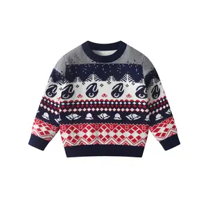 Boys' Heavy-Duty Winter Sweater - Double-Layer Thick Knit Pullover with Reindeer & Snowflake Christmas Pattern, Blue/Red/White Sweater Vest for Kids, Machine Washable Round Neck Long Sleeve Coat-like Top (Holiday & Casual Attire)