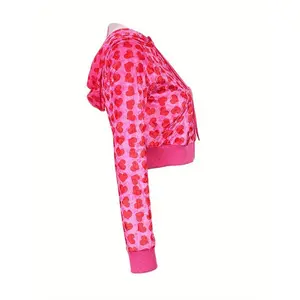 Heart Shape Printed Hoodie with Drawstrings Jacket, Casual Zipper Long Sleeve Short Jacket, Suitable for Spring and Autumn, Women's Clothing