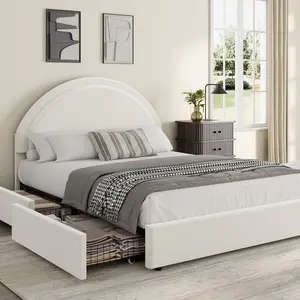 Queen Size Bed Frame with Storage Drawers, Upholstered Boucle Platform Bed with Round Headboard, Heavy Duty & Noise Free, No Box Spring Needed, White
