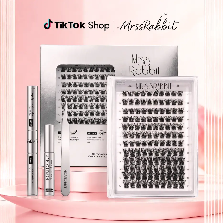 Sweet Bunny Flirt eyelash and full lash set, mixed lengths 9–16 mm, no salon application skills needed; fluffy D curl dynamic individual cluster false lashes. Effortlessly create a makeup look at home—the kit includes adhesive, lash remover, and tweezers.