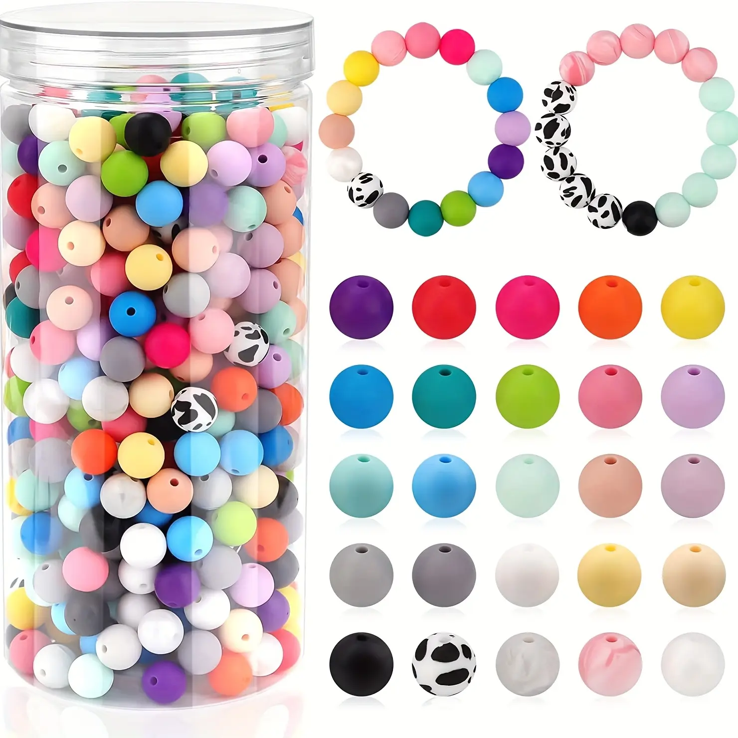 500-Piece Silicone Bead Set, Round with Straight Holes, Multi-Color Statement Beadwork & Bead Assortments, for DIY Jewelry Making - Ideal Christmas Gifts