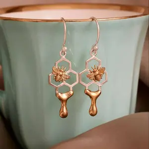 Honeycomb Dangle Earrings with Honey and Bee