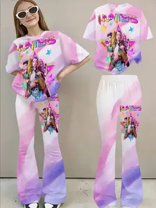 Girls' Summer Anime Print Set, Fashion Bell Bottom Two-Piece, Casual Trendy Kids Clothing, Fitted Style, Fashion Style Sets