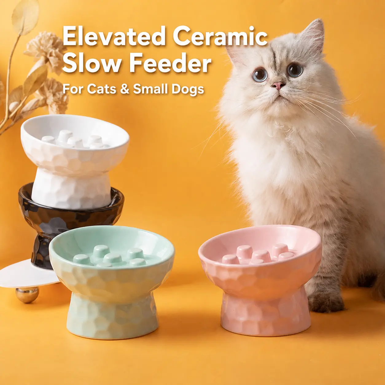 Elevated Ceramic Slow Feeder Bowl for Cats and Dogs – Tilted Pet Food Bowl with Stable Base and Hammered-Texture Finish