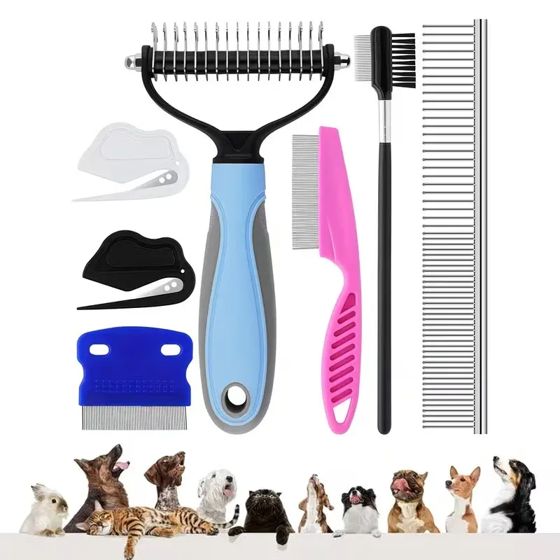7pcs Cat & Dog Grooming Brush Comb Kit, Grooming Kit for Pets, Double-Side Deshedding Dematting Dog Brush, Undercoat Rake for Dogs & Cats, with Metal Comb, Flea Comb, Open Knot Comb, Fine-Teeth Comb, Tear Stain Remover Comb